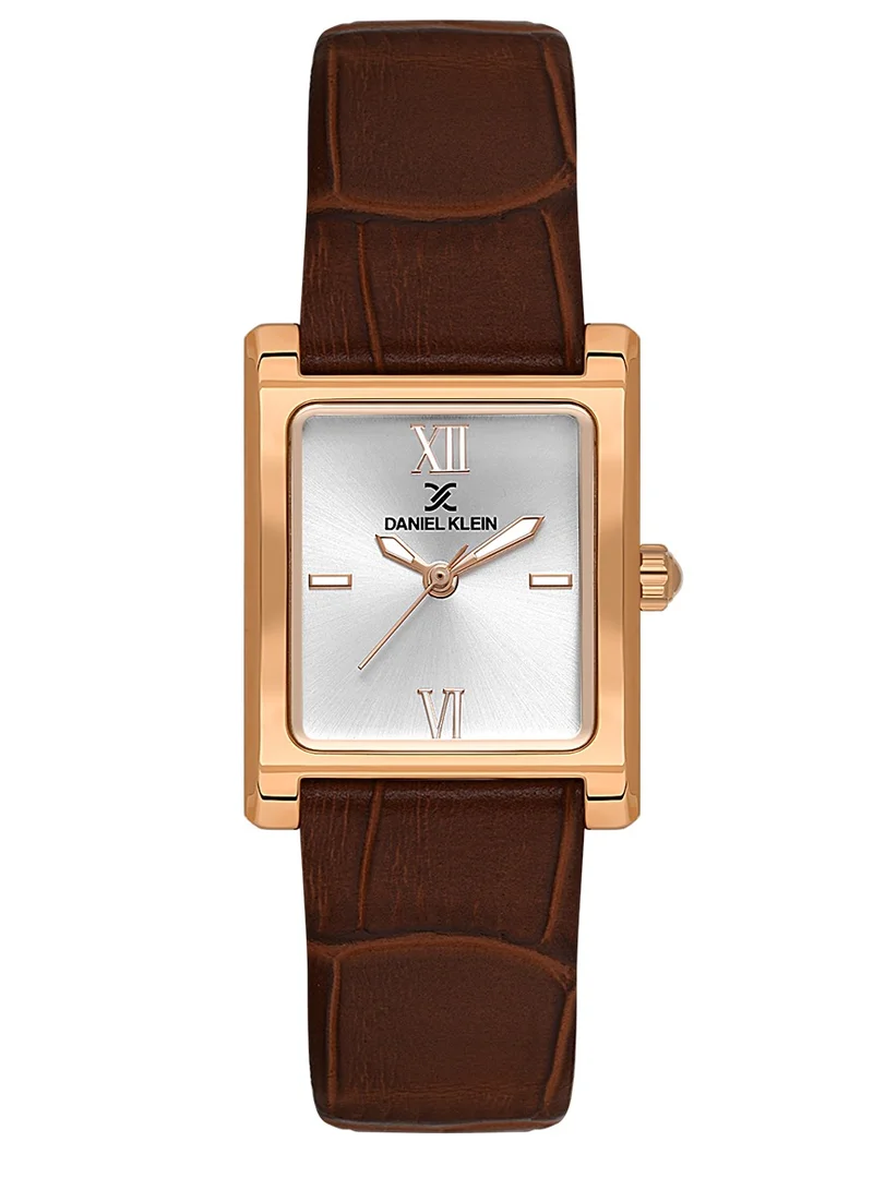DANIEL KLEIN Women's Leather Rose Gold Alloy Case Analog Silver Square Sunray Dial Japanese Quartz Premium 30 Meters Water Resistant